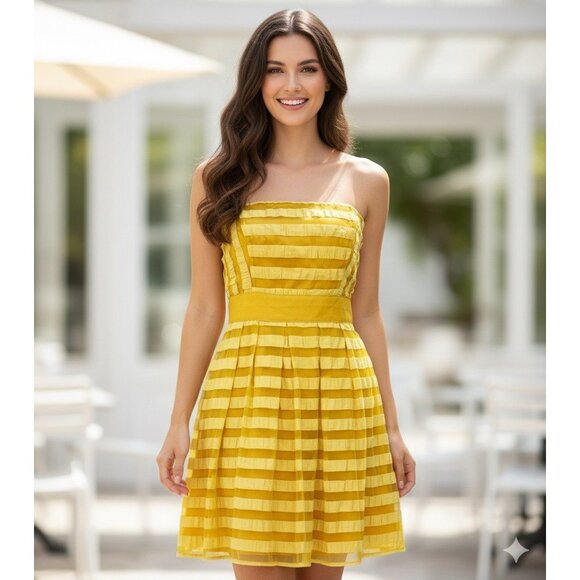 Yellow Strapless Crinkle Sheer Stripe Pleated Dress 6 Girly Flowy HOCO Pageant - Picture 13 of 13